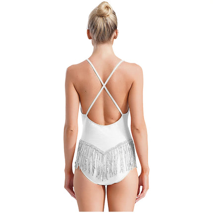 Sequins Fringed Cross Back Latin Dance Leotard Sleeveless V-Neck Bodysuit