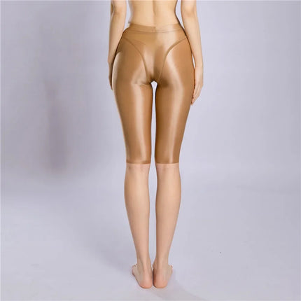 Women's Oil Glossy Sheer High-Waist Shaping Shorts Satin Smooth Leggings