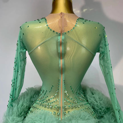 Luxury Green Diamonds Mesh See-Through Long Sleeve Jumpsuit Stage Performance Costume