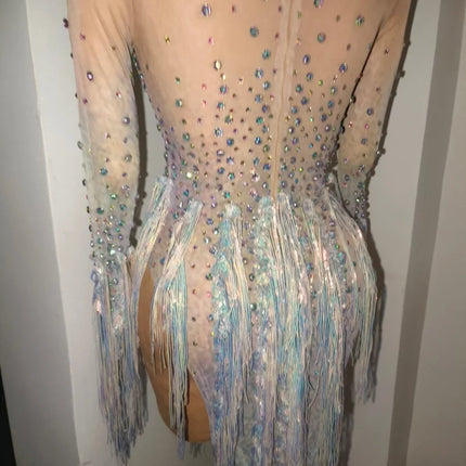 Iridescent Crystal Tassel Long Sleeve Sheer Mesh Stage Bodysuit Costume
