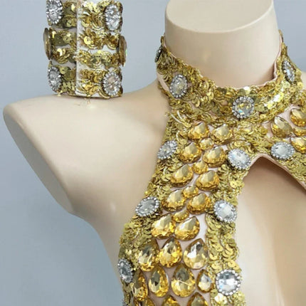 Gold Hollow-Out Rhinestone Bodysuit & Wristband Gogo Stage Performance Costume