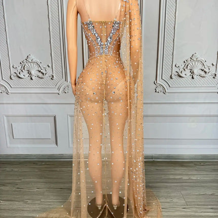 Sparkly Rhinestone & Pearl Mesh Evening Gown with Cloak Sleeves Stage Costume