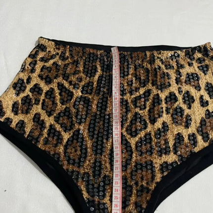 Sequined Top & High-Waist Leopard Print Shorts 2-Piece Gogo Dance Set