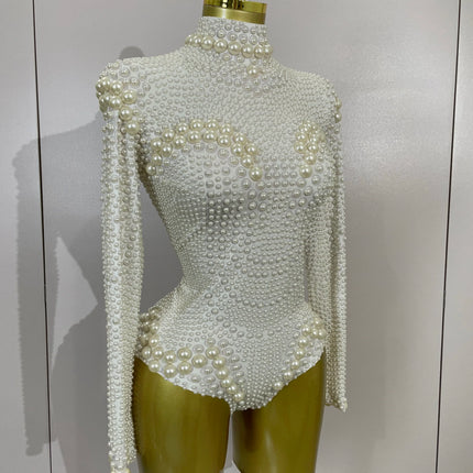Luxury Full Pearl Long-Sleeved Stage Bodysuit Leotard Evening Performance Costume