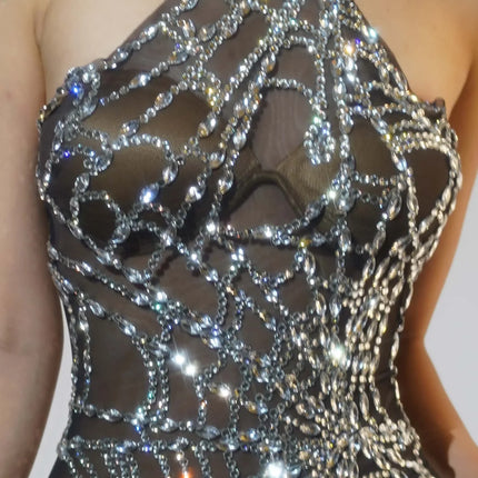 Sparkly Silver Rhinestone Spider Web Mesh Stage Performance Costume Set