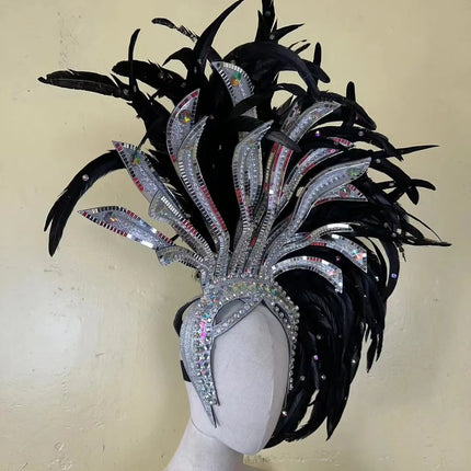 The Stardust Shadow Monarch – Premium Black Feathered Samba & Carnival Crown