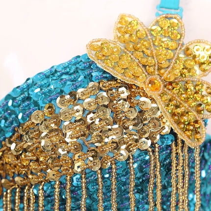 Sparkly Floral Beaded Sequin Belly Dance Bra & Tassel Performance Top