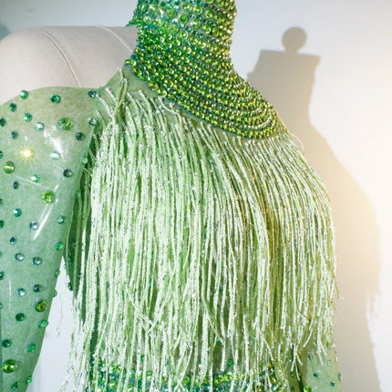 Rhinestone Tassel Mesh Performance Bodysuit