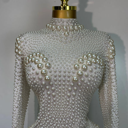 Luxury Pearl Long Sleeve Spandex Stretch Bodysuit Evening Stage Performance Costume