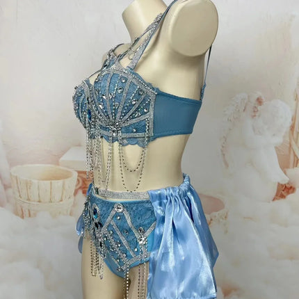 Sapphire Blue Rhinestone Bikini & Micro Skirt 2-Piece Stage Dance Costume Set