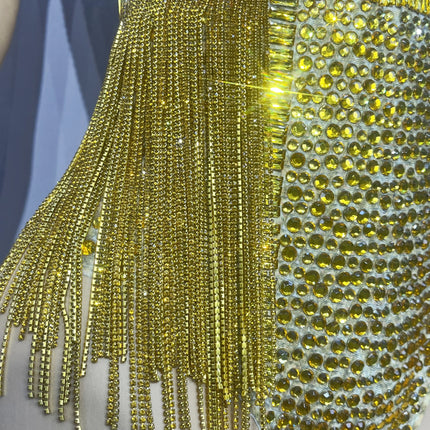 Gold Crystal Rhinestone Chain High-Cut Stage Performance Bodysuit Leotard