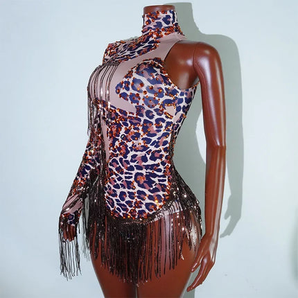 Leopard Sequin Fringe Asymmetrical Bodysuit One-Sleeve Stage Performance Costume