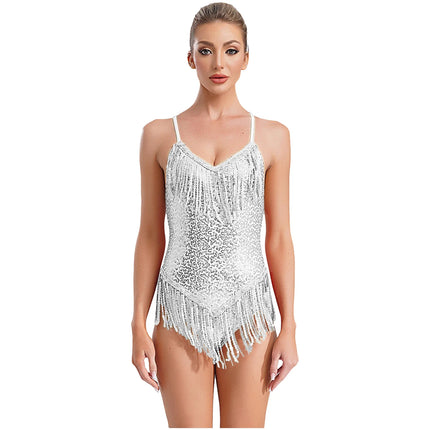 Sequins Fringed Cross Back Latin Dance Leotard Sleeveless V-Neck Bodysuit