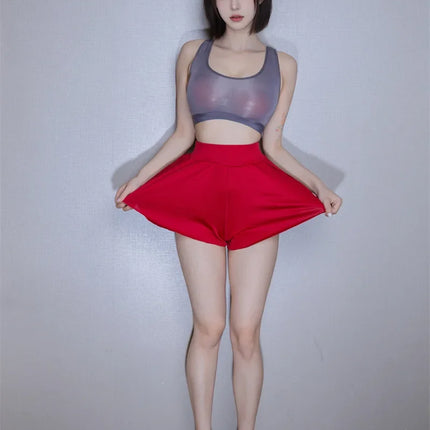 Ice Silk High-Waist Split Flared Mini Shorts High-Stretch Micro Hot Pants