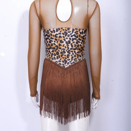 Leopard Rhinestone Fringe Latin Dance Bodysuit Mesh Long Sleeve Stage Performance Dress