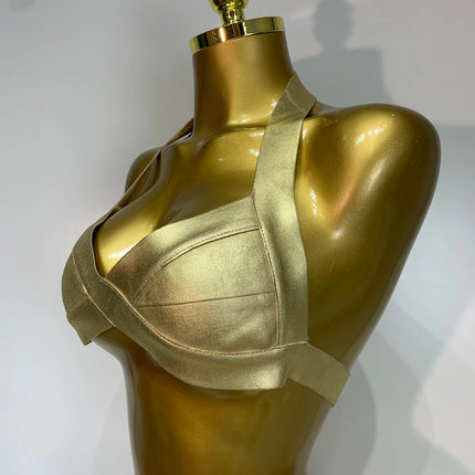 Gold Knitted Halter Bandage Two-Piece Set Stage Performance Costume Outfit