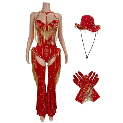 Rhinestone Tassel Hollow-Out Jumpsuit & Stage Performance Dance Romper