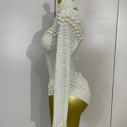 Luxury Full Pearl Long-Sleeved Stage Bodysuit Leotard Evening Performance Costume
