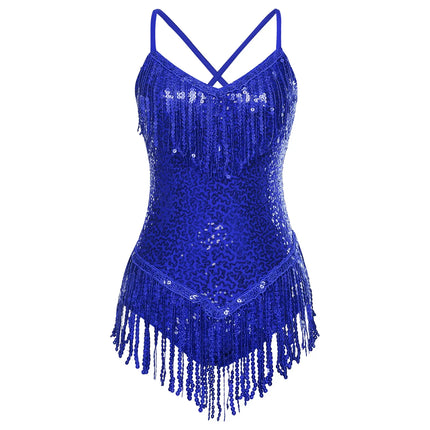 Sequins Fringed Cross Back Latin Dance Leotard Sleeveless V-Neck Bodysuit
