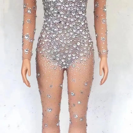 Sparkling Full Crystal Illusion Jumpsuit Long Sleeve Rhinestone Catsuit Stage Wear
