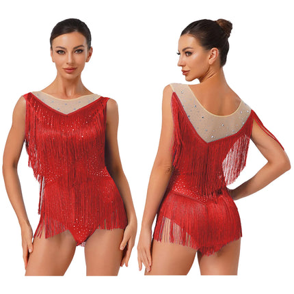 Sparkly Rhinestone & Tassel Fringe Latin Dance Leotard Crew Neck Bodysuit