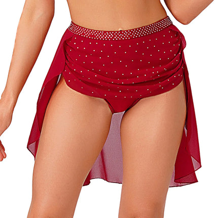 Womens Modern Lyrical Dance Skirt Performance Costume Sparkly Rhinestone Irregular Chiffon Hem Built-in Briefs Skirt Dancewear