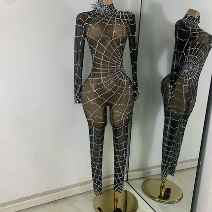 Black Spider Mesh Jumpsuit For Women Sexy Long Sleeve Performance Rompers Dance Show Stage Costume