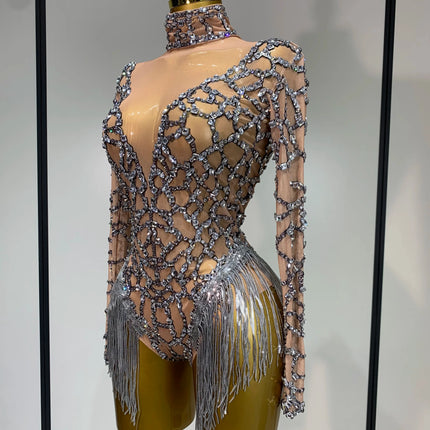 The Stardust Diamond Fringe Bodysuit – Luxury Rhinestone Mesh Stage Costume