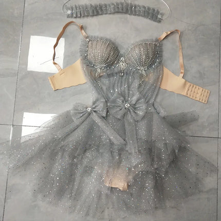 Sexy Nightclub Women Performance Stage Costume Shiny Rhinestones Mesh Bikini Bodysuit Dancer Pole Dancing Party Rave Outfit