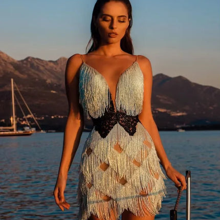 White Pearl Rhinestone Fringe Mini Dress Spaghetti Strap Cocktail Stage Costume