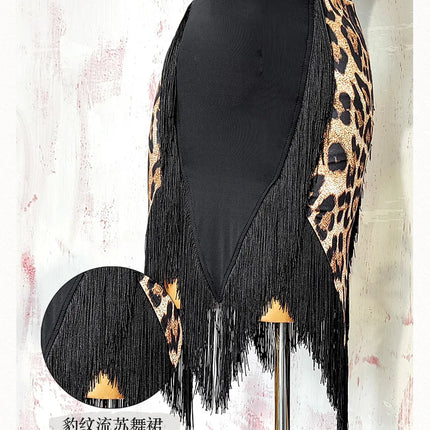 Black Open-Back Leotard & Leopard Print Fringe Skirt Latin Dance Costume Set