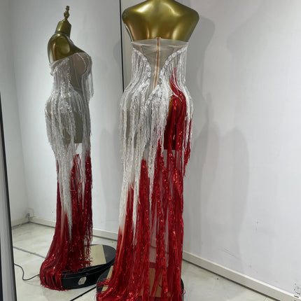 Pearl & Crystal Bustier High-Slit Maxi Gown Cascading Ombré Fringe Evening Dress