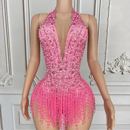 Crystal Rhinestone Fringe Sleeveless Bodysuit & Aerial Dance Leotard Costume