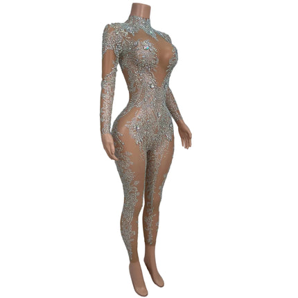 High Neck Crystal Appliqué Illusion Bodysuit