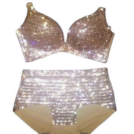 Dazzling Shimmer Crystal Bikini & High-Waist Dance Performance Costume Set