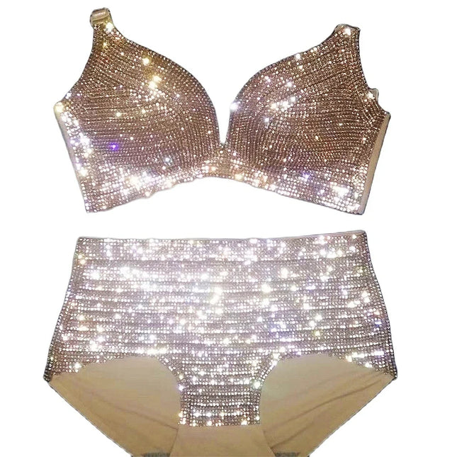 Dazzling Shimmer Crystal Bikini & High-Waist Dance Performance Costume Set