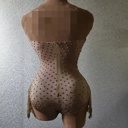 Gold Sparkly Rhinestone & Sequin Deep V-Neck Leotard Stage Performance Costume