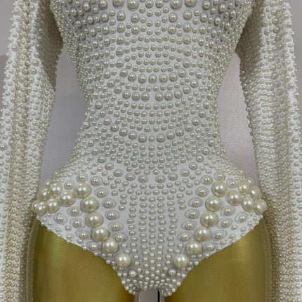 Luxury Full Pearl Long-Sleeved Stage Bodysuit Leotard Evening Performance Costume
