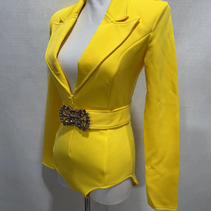 Women's Long Sleeve Blazer Bodysuit with Crystal Belt, V-Neck Zipper Stage & Concert Performance Costume