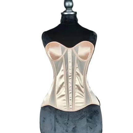 Strapless Breathable Mesh Corset Bustier Built-In Bra Boned Waist Cincher Top
