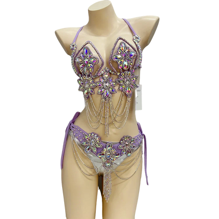 Handmade Samba Carnival Crystal Wire Bra, Panty & Belt 3-Piece Costume Set