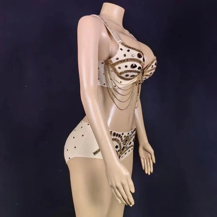 Sparkly Gold Rhinestone Two-Piece Bikini Bra & Shorts Set Stage Performance Costume