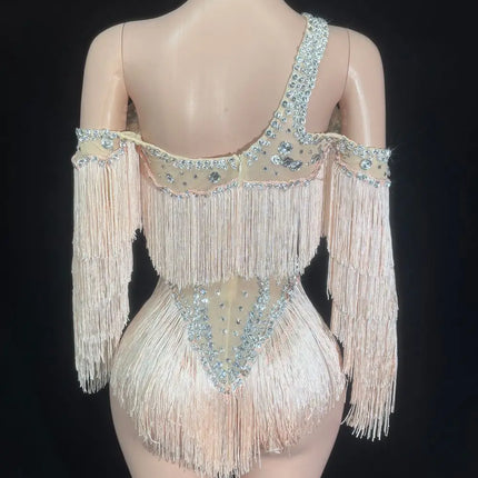 Sparkly Silver Crystal Rhinestone & Shoulder Fringe Bodysuit Stage Performance Costume