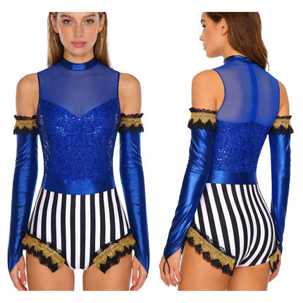 Circus Ringmaster Sequin Striped Bodysuit & Metallic Gloves 2-Piece Stage Costume Set