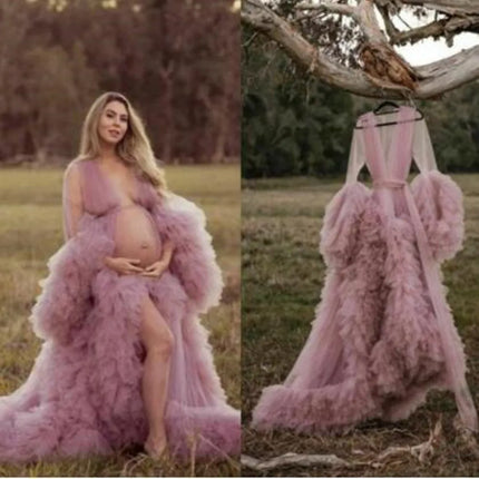 Voluminous Illusion Tulle Ruffle Long Robe Dressing Gown