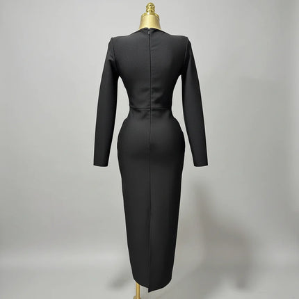 Elegant Square Neck Crystal Embroidered Bandage Ankle-Length Evening Gown