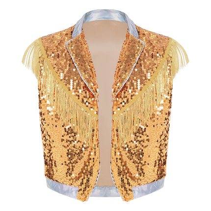 Men's Metallic Sequin Tassel Open-Front Vest Lapel Collar Sleeveless Stage Dance Waistcoat