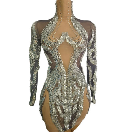 Sparkly Silver Rhinestone & Sequin Sheer Mesh Mini Dress Stage Costume
