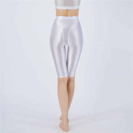 Oil Glossy High-Stretch Knee-Length Shorts Satin Shine Performance Biker Shorts