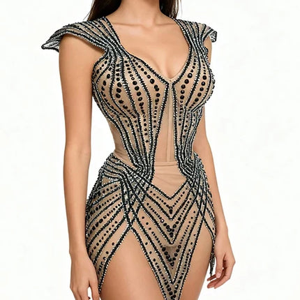 Crystal Embellished Flying Sleeve Bodycon Mini Dress & Gogo Dancer Costume